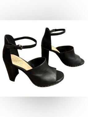Vince Camuto Black Leather Open-Toe Ankle-Strap Platform Heels